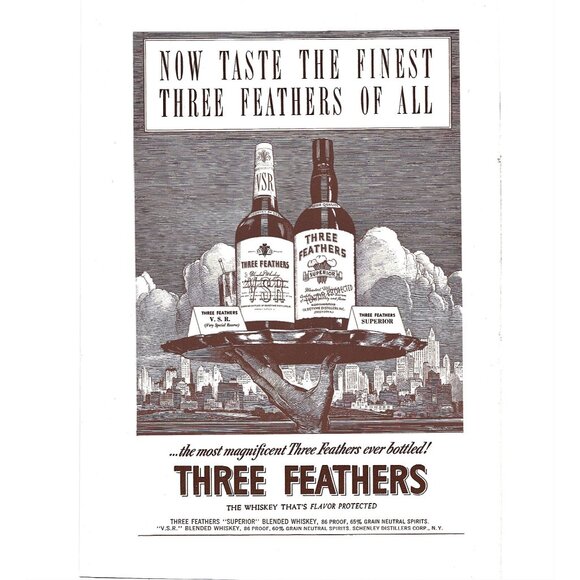 Three Feathers Whiskey Jersey City New Jersey 1940s Vintage Print Ad - Picture 1 of 4